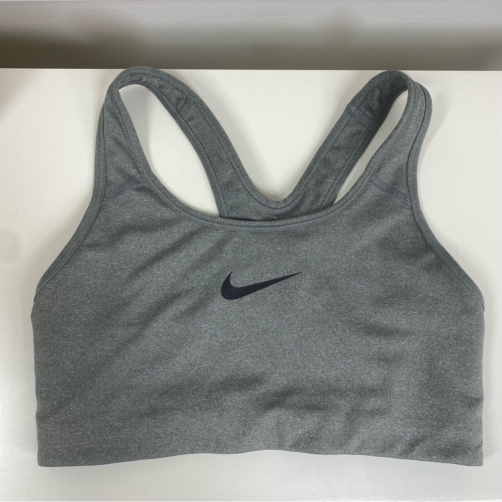 Nike Dri Fit Racerback‎ Sports Bra Womens Small Gray Black Swoosh Non Padded